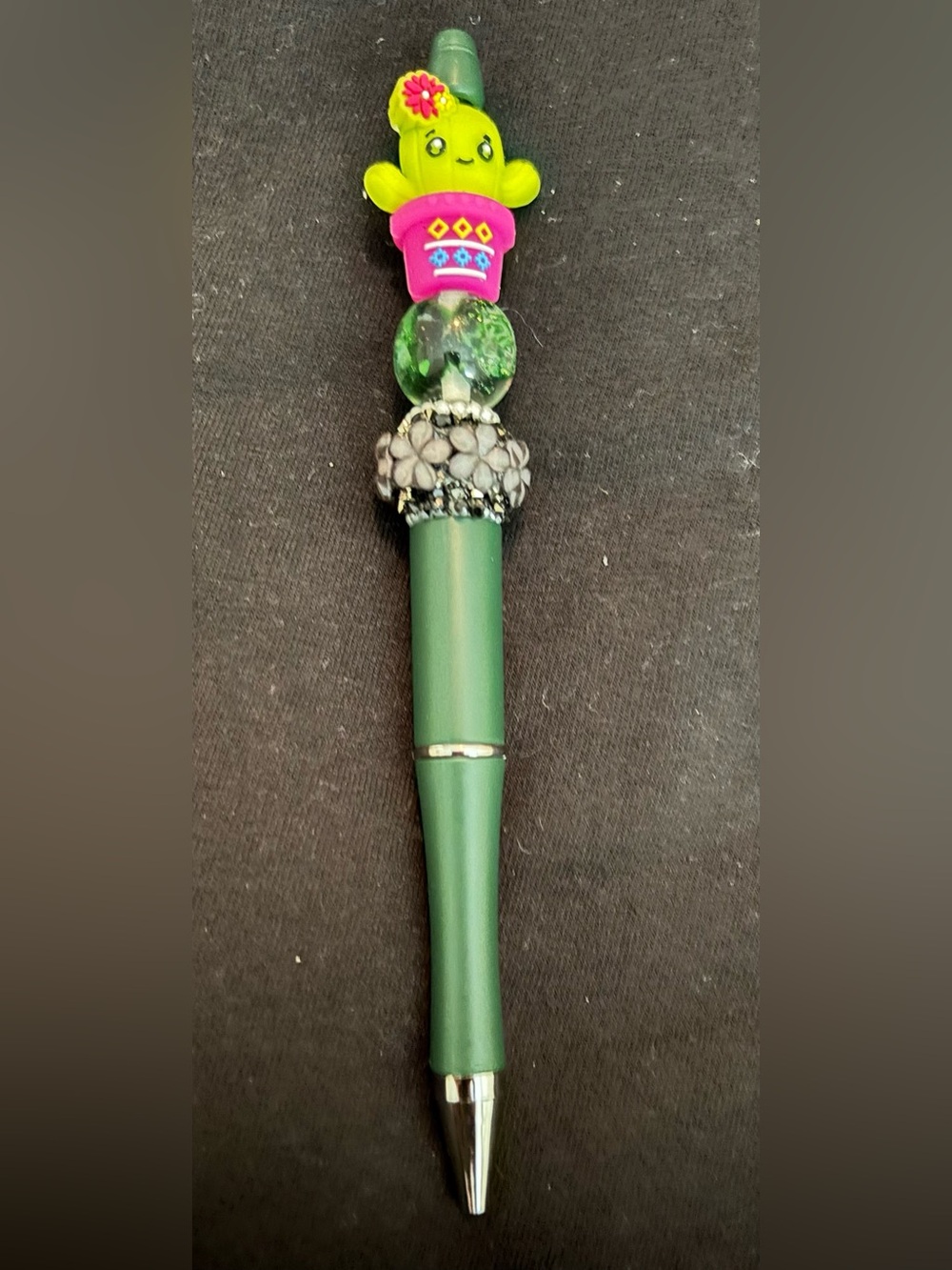 Green Cactus Charm Ballpoint Pen. Cute Pink Pot Accent